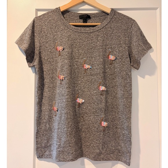 J. Crew Tops - J Crew Vintage Flamingo Bird Sequin Womens Tee Size M Gray Preppy Summer Coastal